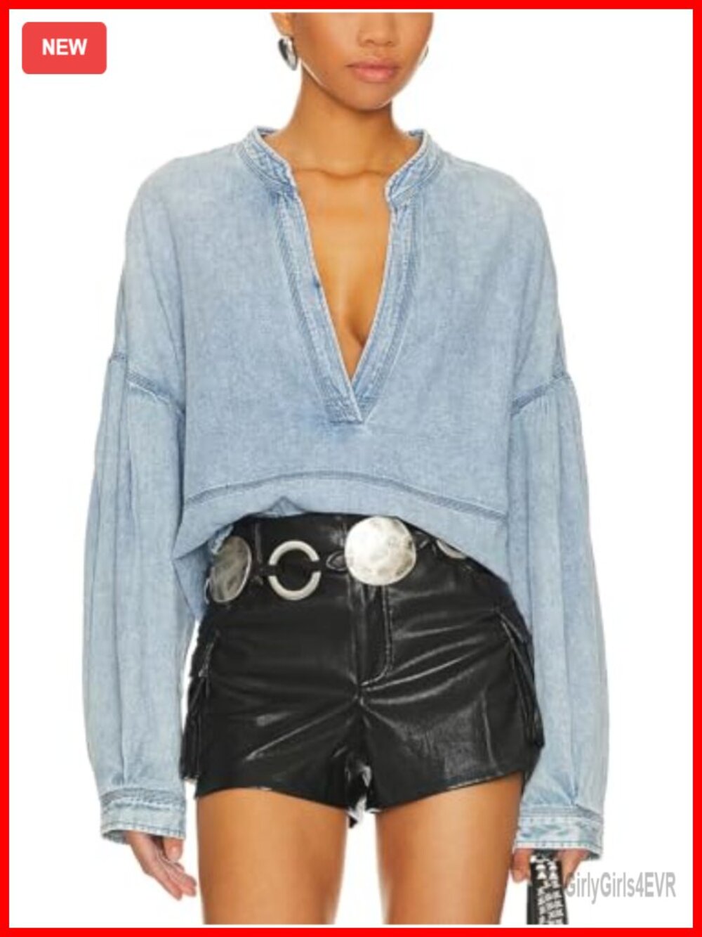 Women's Denim Pullover Deep V Neck Long Sleeve Raw Hem Loose Fit Casual Jean Top